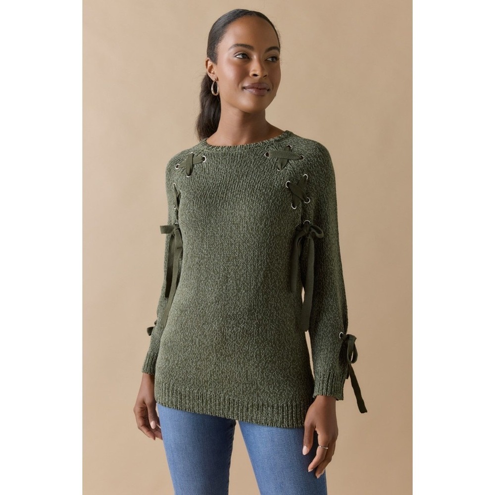 Audrey Parks Francescas Olive Lace-Up Ribbon Sleeve Knit Sweater‎ L Coquette